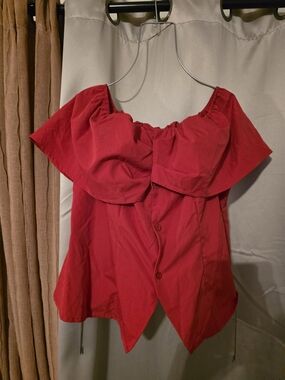 SHEIN Red Off-Shoulder Ruffle Button-Front Top